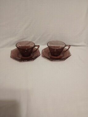 Hazel Atlas Moroccan Amethyst Octagonal Glass Cup & Saucer Sets-Set Of 2
